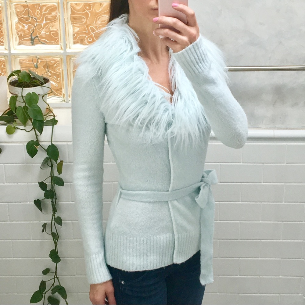 Faux Fir Collar Knit Wrap Baby Blue Cardigan - Picture 7 of 7